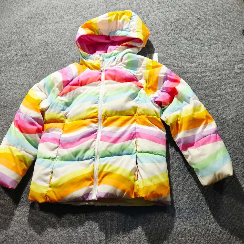 Swiss Tech Puffer Jacket Size M 7-8 Multicolor Rainbow Striped Hooded Coat